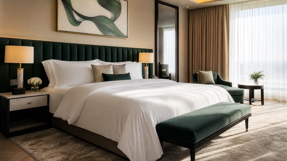 ห้องนอนพร้อมเตียงและที่นอนในบรรยากาศหรูหรา สำหรับแนะนำที่นอน Triple T Bedding